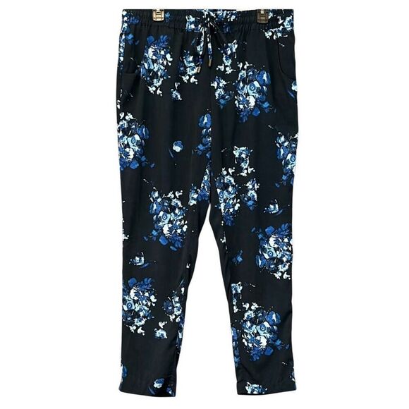 NWT COLDWATER CREEK Pants Womens Large Navy Floral Ankle Natural Fit Drawstring - Picture 1 of 15